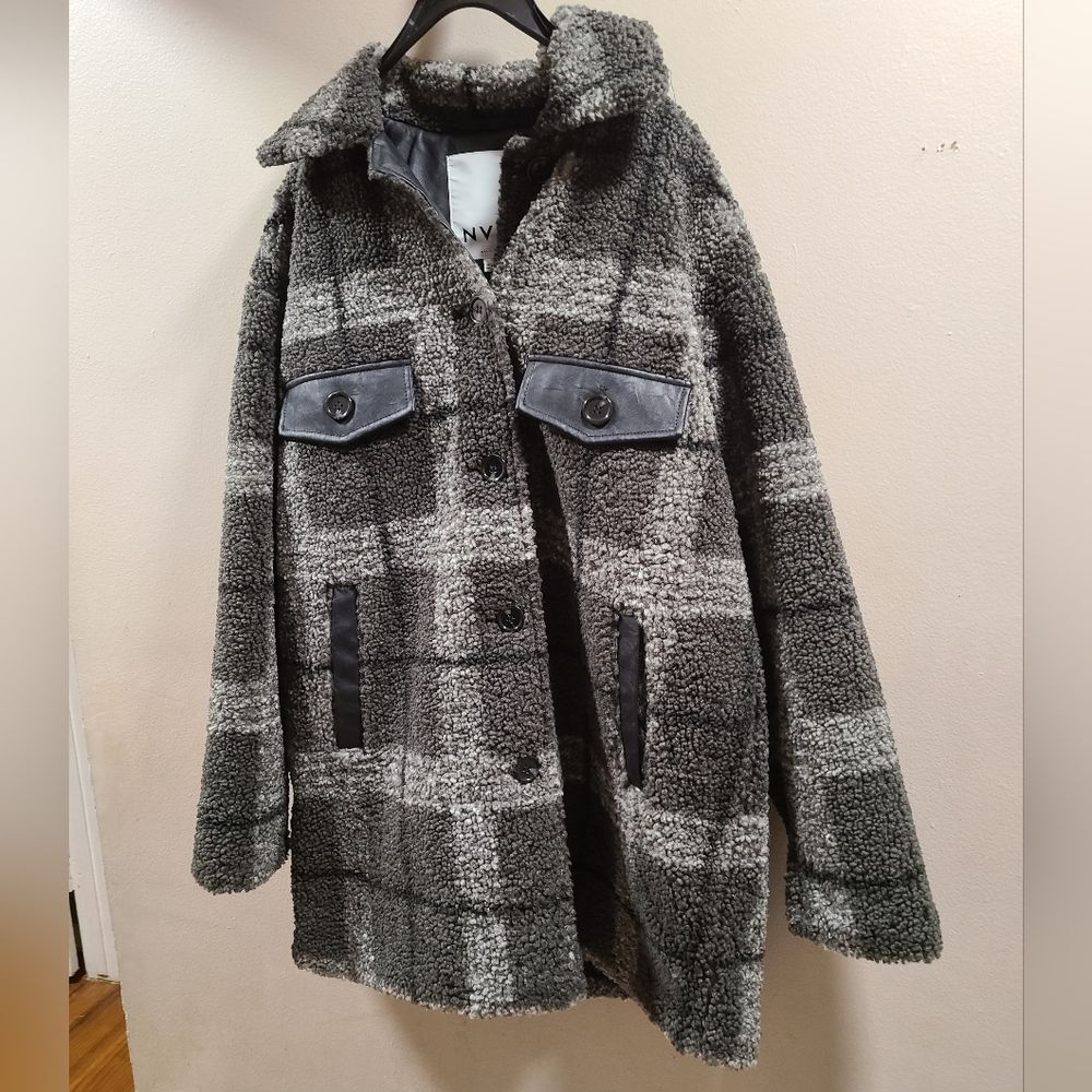 NVLT plaid faux leather trim coat size small
